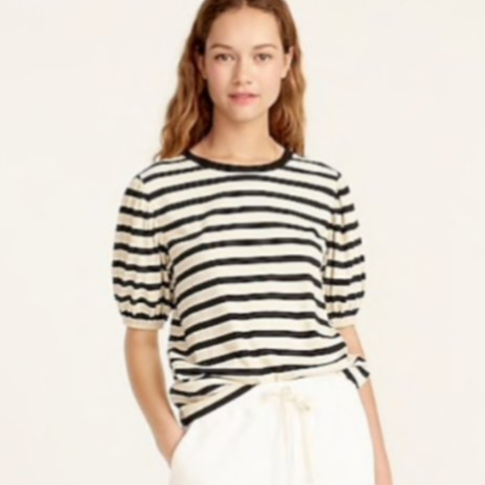 J. Crew Black and Cream Loose Fit Striped Short  Ballon Sleeve Preppy Tee